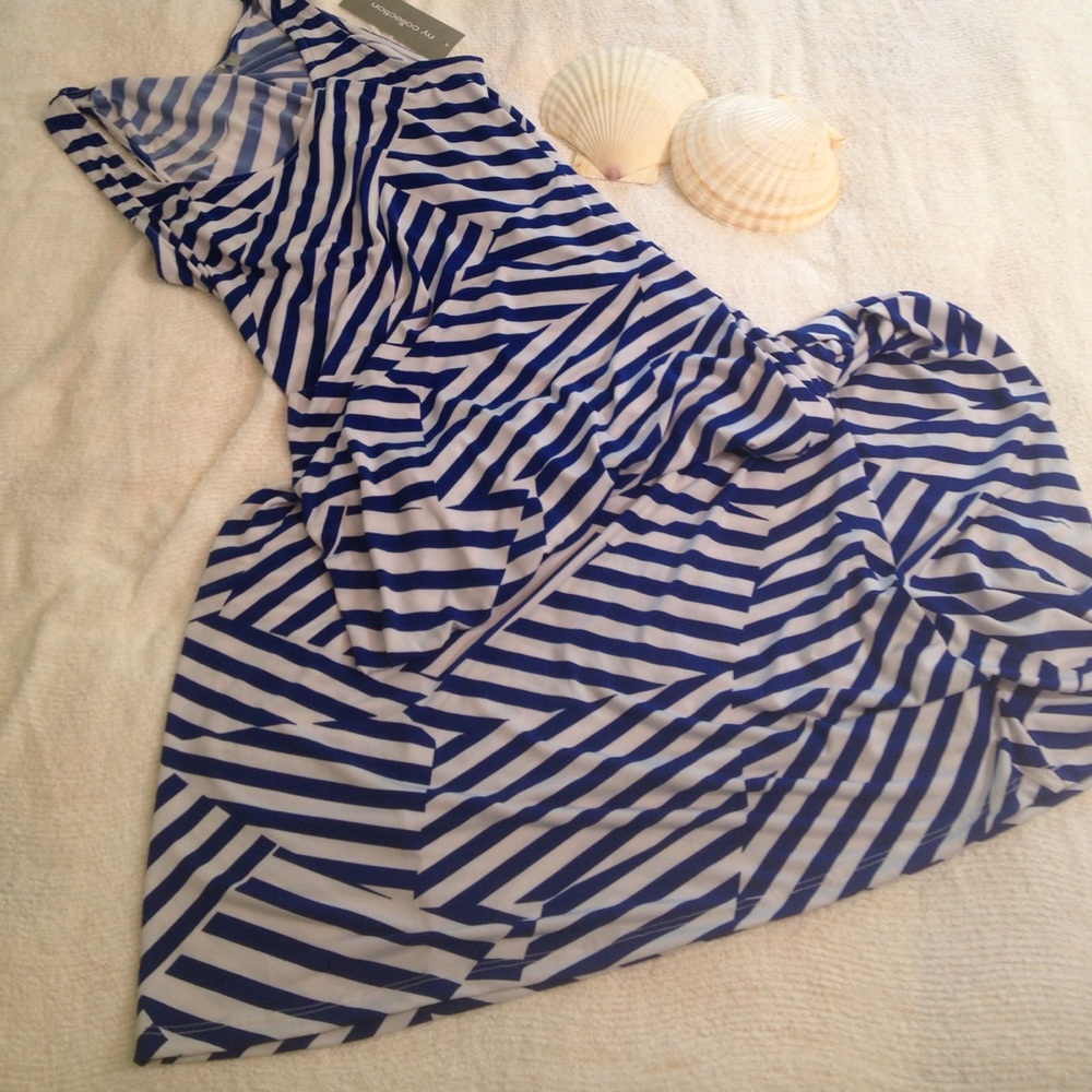 NEW Stretch Dress Maxi Fitted Sleeveless NY Collection Geo Blue White Stripe Sm